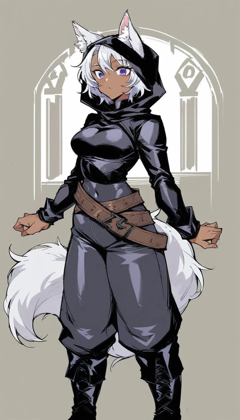 Solo, score_9, score_8_up, score_7_up, wolf girl, long wavy silver hair, dark skin, fluffy tail, defined tummy, medium breasts, purple eyes, wearing a black hood and black cropped medieval style tight-fitting leather tunic that show her belly, medieval style black tight-fitting leather pants, black boots, sturdy leather belt, standing, whole body.