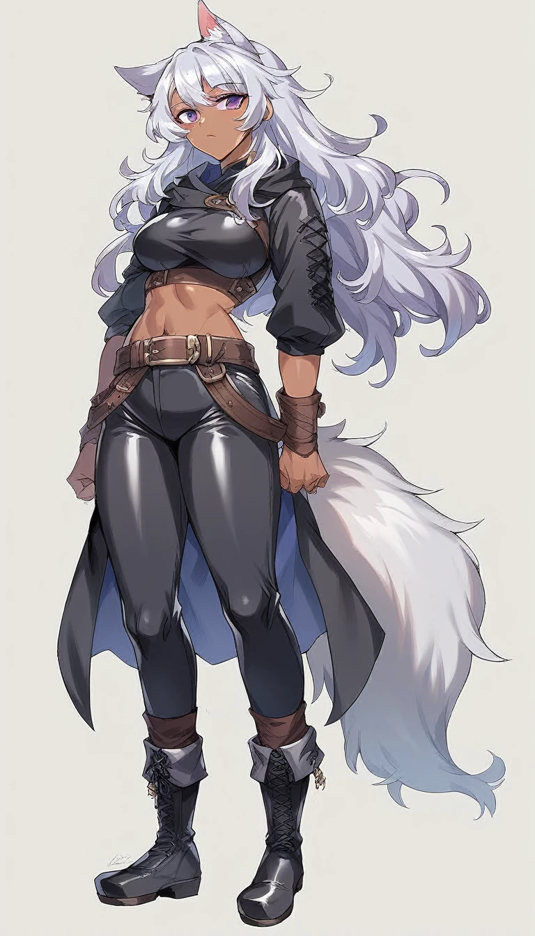 Solo, score_9, score_8_up, score_7_up, wolf girl, long wavy silver hair, dark skin, fluffy tail, defined tummy, medium breasts, purple eyes, wearing a black hood and black cropped medieval style tight-fitting leather tunic that show her belly, medieval style black tight-fitting leather pants, black boots, sturdy leather belt, standing, whole body.