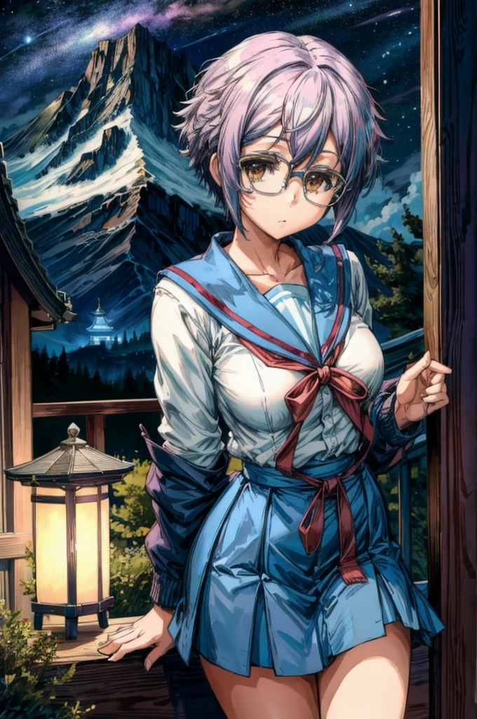 (masterpiece),(best quality),  yuki, blue skirt, glasses, kneehighs, serafuku, summer uniform, stairs, temple, mountain, forest, night, milky way, star, looking at the viewer,