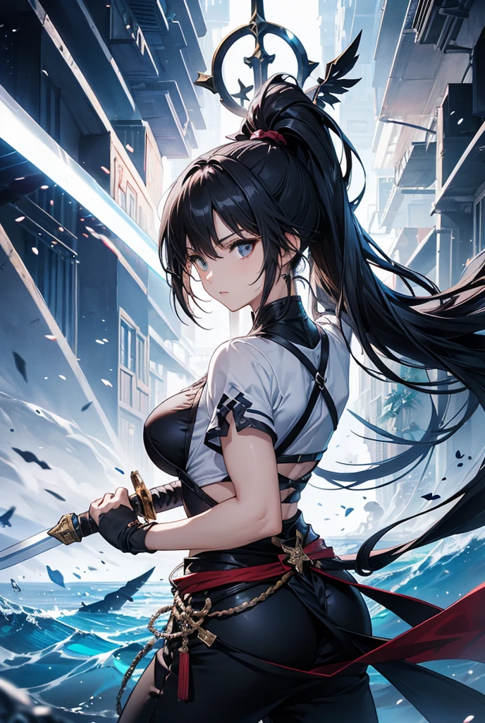((Highest quality, masterpiece)), (Up to the waist,One Girl:1.4), ((Perfect hands and arms、Perfect legs)),Intricate details, Beautifully detailed face, View your audience,  Black Hair,  Blunt bangs, Happy, (Sword in right hand:1.2), (Ninja&#39;s red and purple outfit emphasizes the chest to some extent.、Black Hood)、(Maid:1.3)