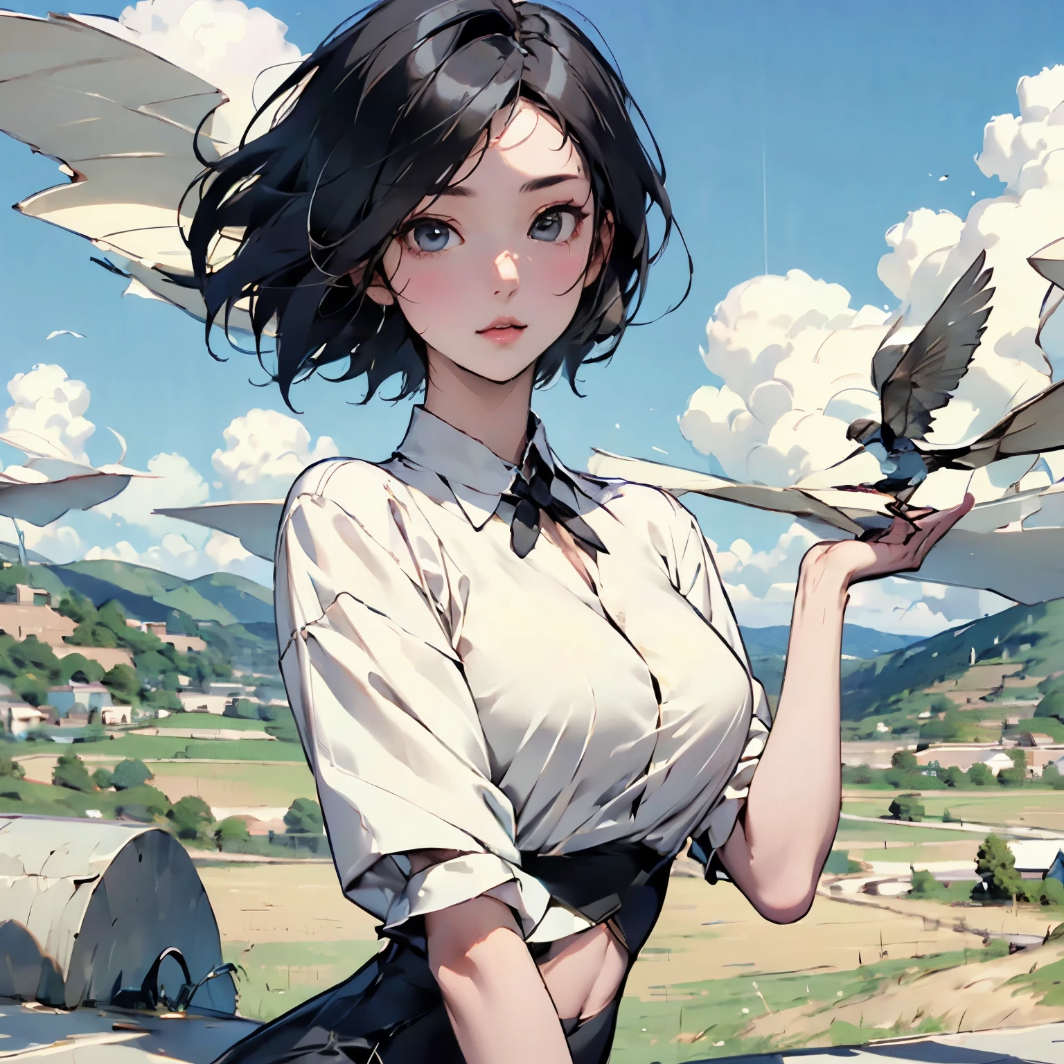  beautiful girls 、 fly in the sky on a glider in the shape of a bird's wing、Take off from a cliff 、Draw the shape of a glider and the figure of a girl accurately、Alone、Beautiful Face、 short cut hair where you fold your hands behind your head、(goggles)、boots、 blue sky and white clouds 、 see a rural cityscape below 、Detailed Description、 Dramatic Composition、Best Quality、  High Resolution  、masterpiece、wallpaper、8k、