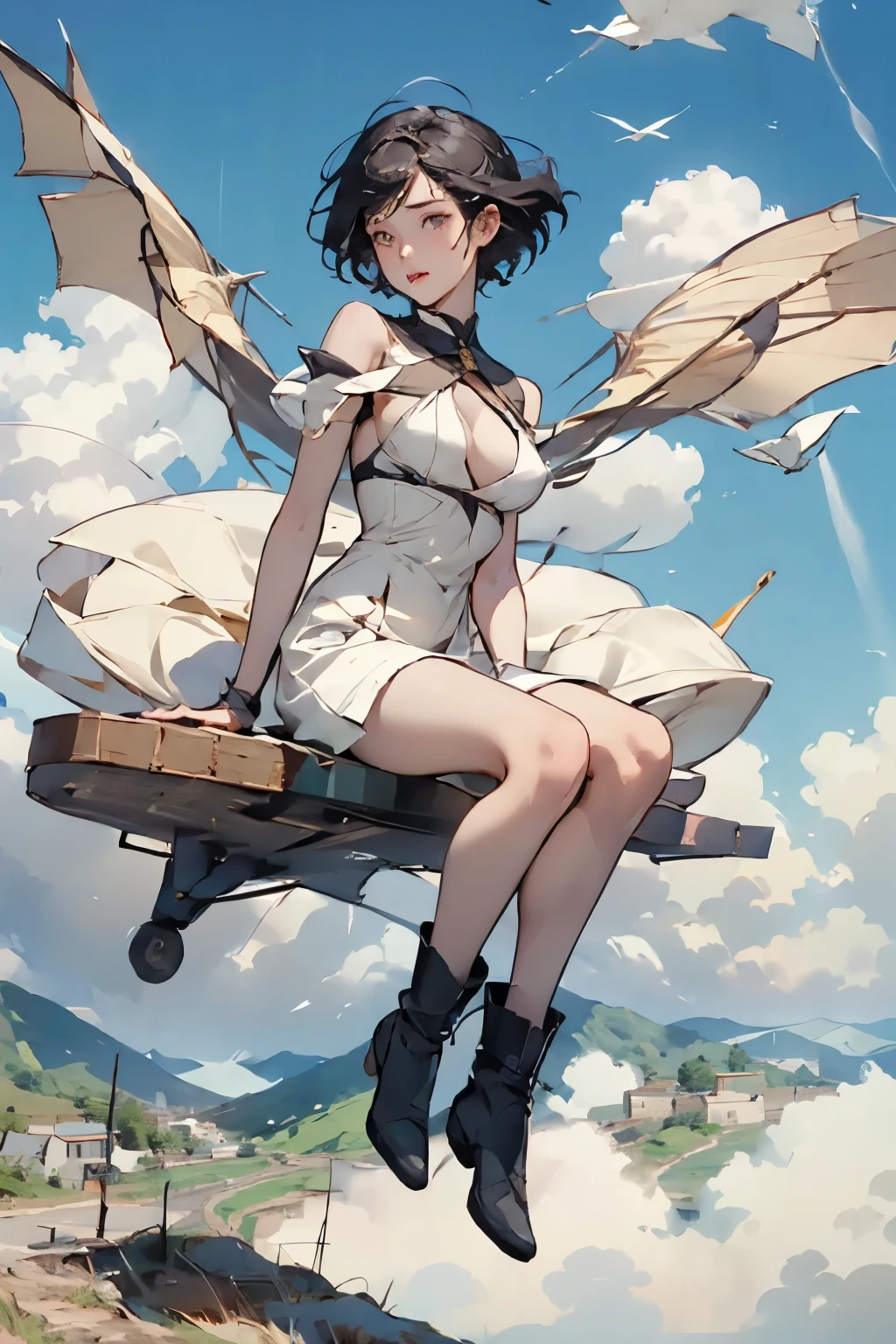  beautiful girls 、 fly in the sky on a glider in the shape of a bird's wing、Take off from a cliff 、Draw the shape of a glider and the figure of a girl accurately、Alone、Beautiful Face、 short cut hair where you fold your hands behind your head、(goggles)、boots、 blue sky and white clouds 、 see a rural cityscape below 、Detailed Description、 Dramatic Composition、Best Quality、  High Resolution  、masterpiece、wallpaper、8k、