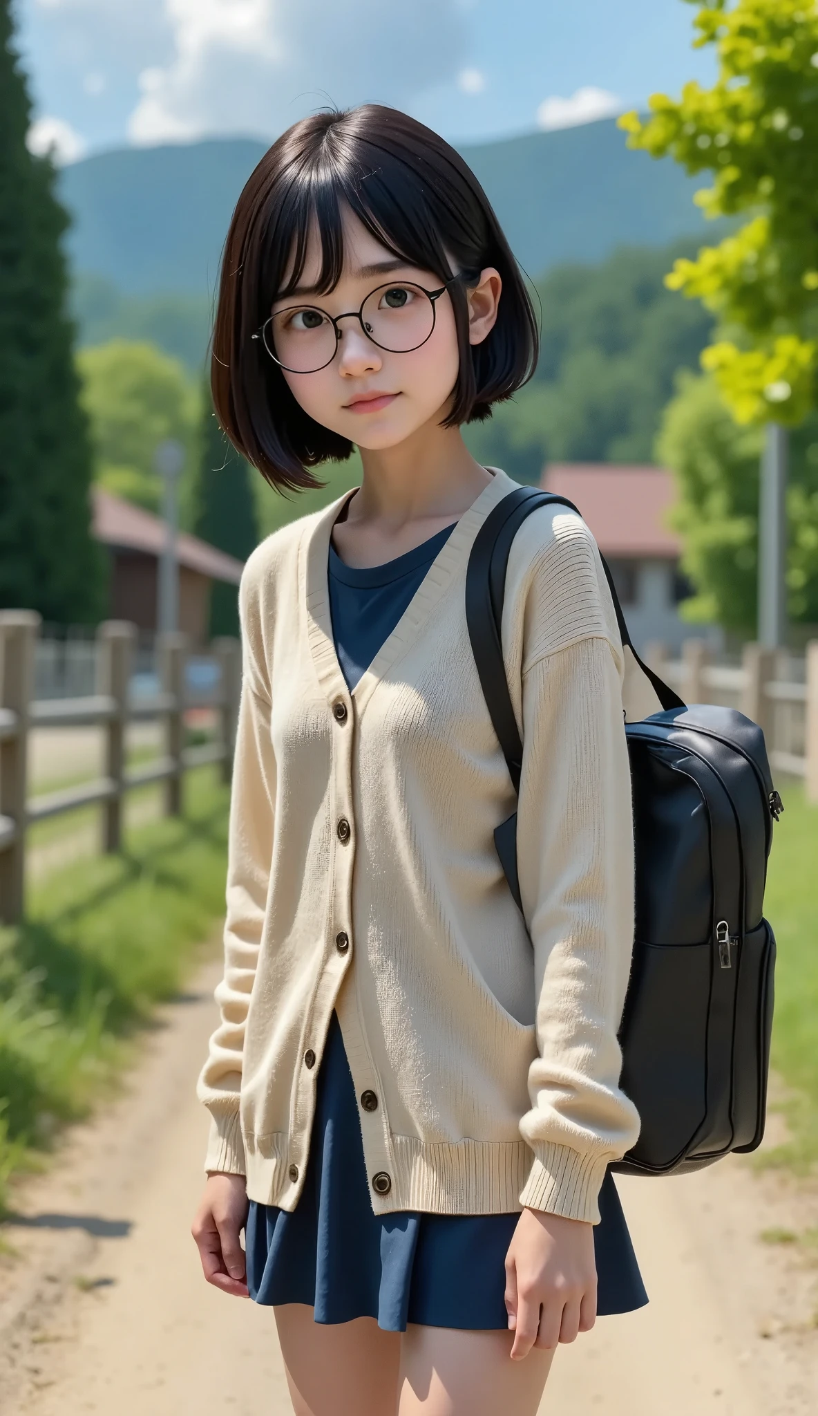  best quality、masterpiece、 Perfect Anatomy、girl, On the way to school, Chat with friends, stand, School Area, Rural Scenery, scenery,  Round Glasses , School Cardigan, ( sleeve is longer than wrist ), Strong Loafers, Black-gray hair on both sides,  straight butt , Beautiful dark eyes,  black knee socks , Cinema Lighting,  upper body, :3, School Area, Rural School