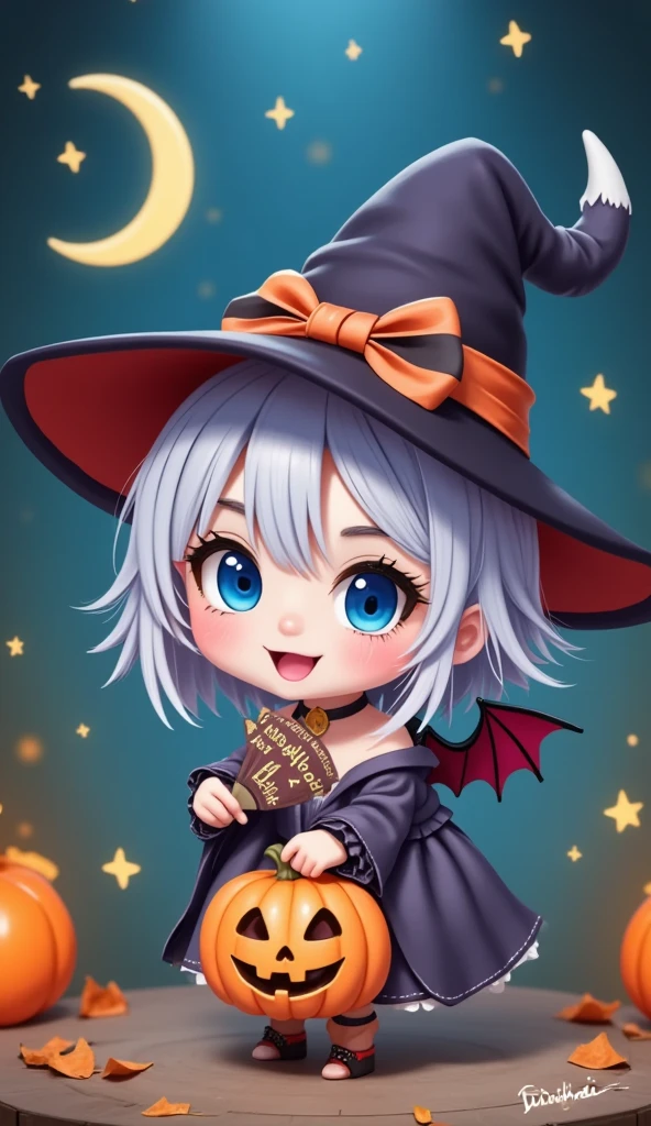 One Girl, chibi style, Succubus Girl, blue eyes, Succubus - Sun  , witch hat on head, Happy Face,  has a fan sign with letters written on it "Happy Halloween", text font style medieval,   twinkling star and moon background 