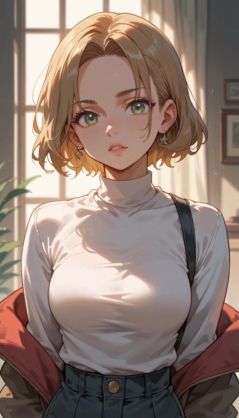 (({{masterpiece,best quality,ultra-detailed}})) 1girl,wariza,on bed, looking at viewer,innocent smiles、white fishnet stockings、((A detailed face))、(Detailed skin)、blonde short hair, red hair band, bangs, green scarf ,upper body, hair over one eye ,hair over one eye ,blue eyes,holding ,cleavage, pantyhose ,