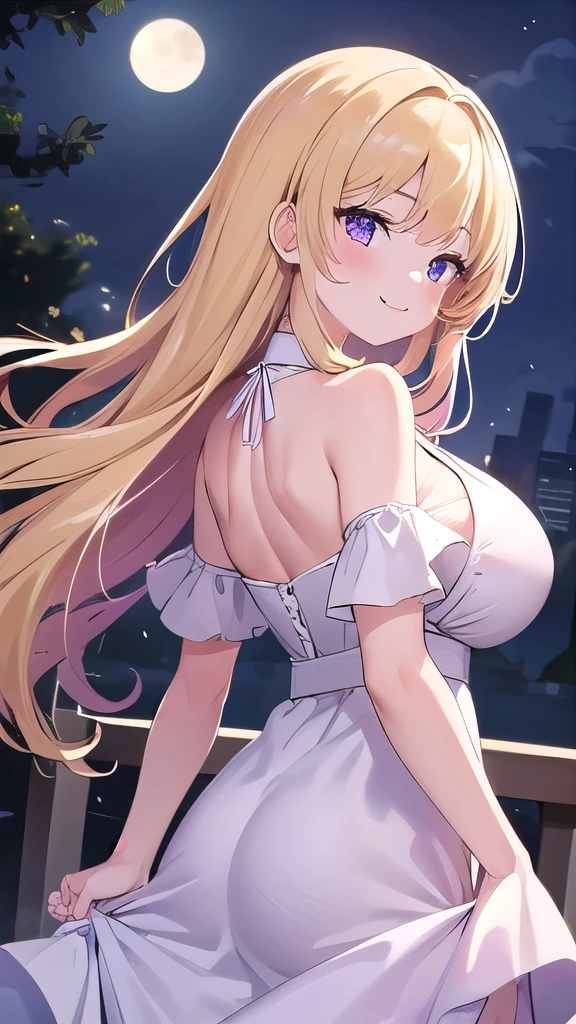  1 girl,  Blonde , Golden Hair、Long Hair, Curly hair、Purple Eyes , 1 girl 公園、smile、Big Breasts, Clevis,Pink Lip、 Mini Length White Dress、night、moonlight、Best Shadow,  best lighting, Rear view、Turn around、Flared dress、