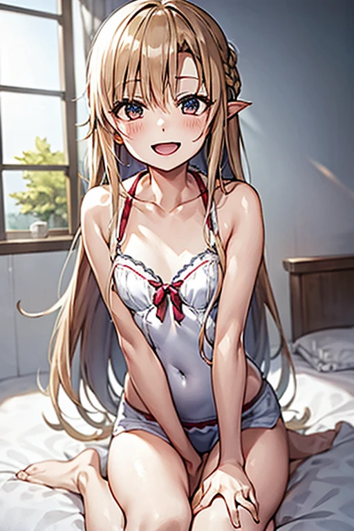 ((Best Quality)), ((masterpiece)), (be familiar with),  perfect face, indoor, bedroom,  watching viewers,
One woman, Yuuki Asuna,
Open Mouth, Ecstatic expression, blush, smile,
Small breasts,  flat chest, , , child, Girl,
Long Hair,  long hair,
Leg spread,