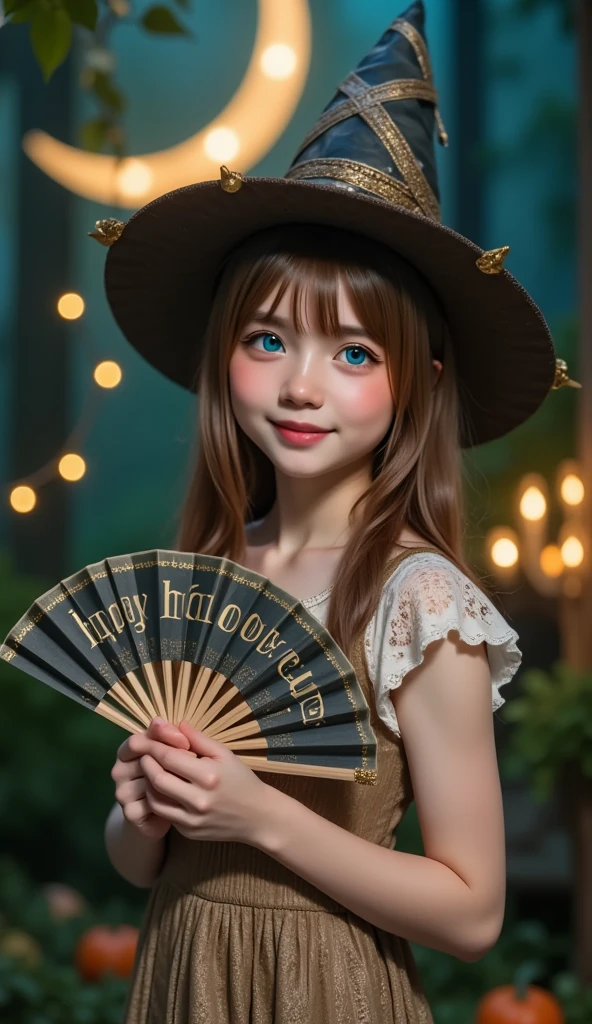 (  best quality、masterpiece、  High Resolution  )、(((Hyperrealism、Realistic photos、RAW Photos)))、One Girl, Succubus Girl, blue eyes, Succubus - Sun  , witch hat on head, Happy Face,  has a fan sign with letters written on it "Happy Halloween", text font style medieval,   twinkling star and moon background 