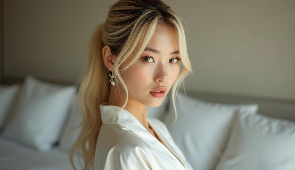 analog style, best quality, gorgeous young Thai woman with blond hair and a bodybuilder physique sitting by window with headphones on, wearing white bra with translucent shirt over, soft lips, beach blonde hair, octane render, unreal engine, photograph, realistic skin texture, photorealistic, hyper realism, highly detailed, 85mm portrait photography, award winning, hard rim lighting photography