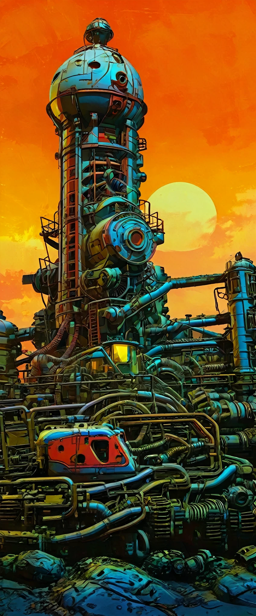 plano general: 1.3,  masterpiece  , ((  Industrial city scene with sky and sunset: 1.5)),(( machinery, metal: 1.5)), very beautiful digital art , arte digital.  Very detailed and very detailed magical fantasy . .,  Colorful digital fantasy art  , Highly detailed digital art , beautiful and magnificent digital art ,  very detailed digital painting  , 32k, eznegativxl  ,