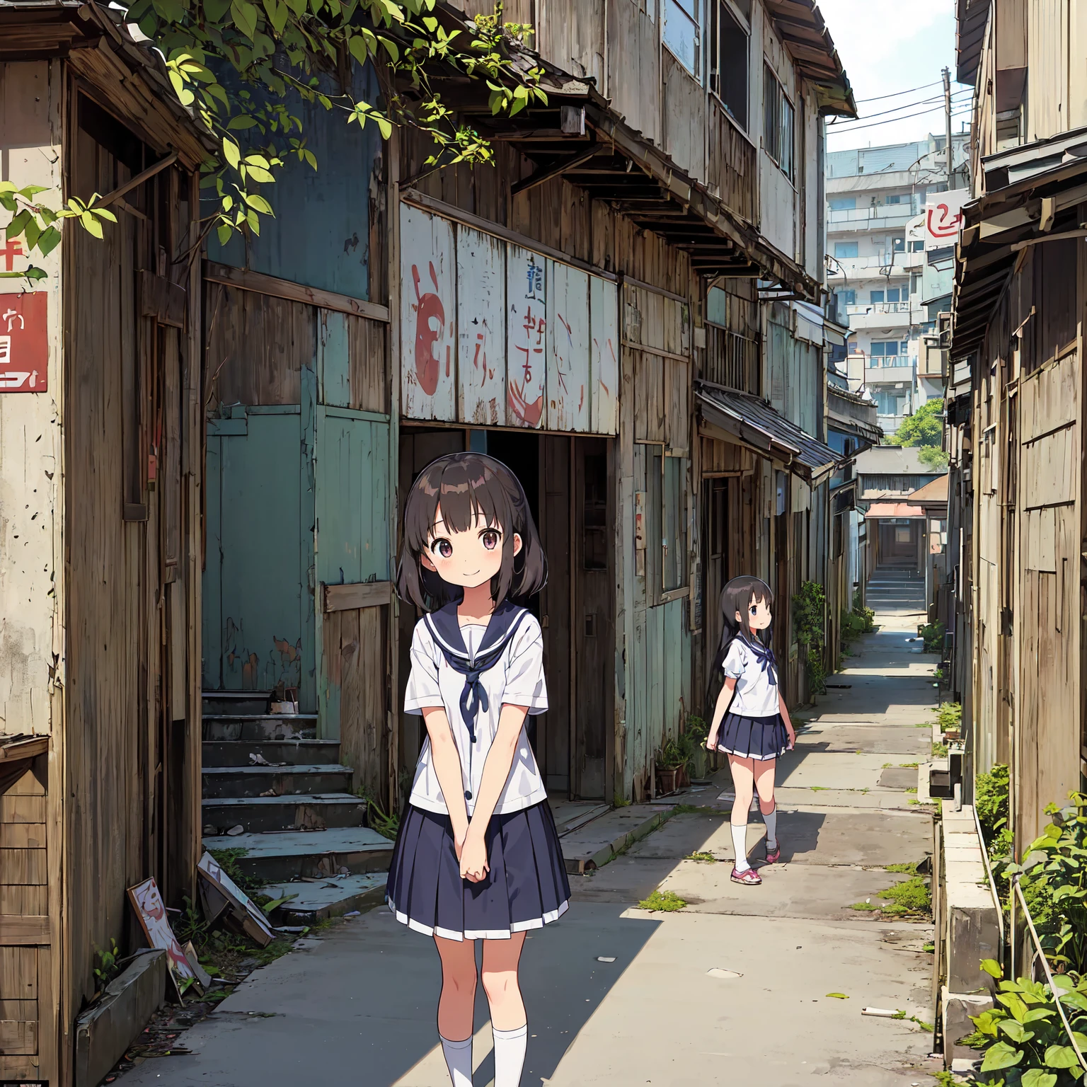 
(masterpiece、Detailed Anime)、((Three cute girls、Three elementary school girls、Summer clothes、にぎやかでfun))、( old and dirty stairs in the housing complex、Abandoned Port Town、General store、Battleship Island:1.2、Vending machines、garbage、Use waterways)、(Poor conditions)、(smile、fun)、smile、 Perfect Anatomy