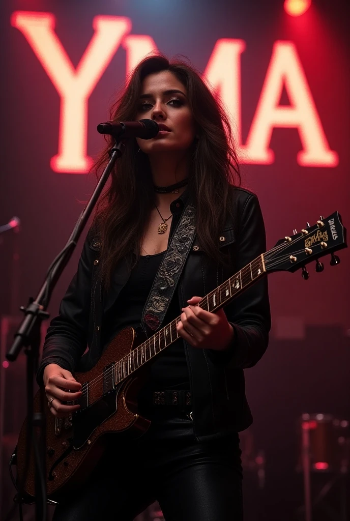 ((masterpiece, best quality)) 1girl, 17 years old, solo, black slit dress, big eyes, blue eyes, cute face, smile, electric bass, bassist, Big Breasts, holding, holding plectrum, instrument, Long Straight hair, gothik, rock music, one side up, playing bass, slit skirt, black shirt, sexy body.