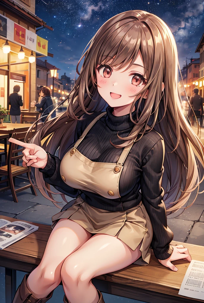  1 girl, solo,  High Resolution , Long Hair, ((Large Breasts)),  looks,  blushes, smile, Brown Hair, masterpiece, accurate,  anatomically correct,  Multiple Award Winners ,  detail,  high definition models, 高い detail, high quality,  very detailed , Retina,  textured skin,  ultra-fine, whole body, Italian cityscape, Black sweater,  beige miniskirt , Brown long boots, Italian cafe , autumn, night, Starry Sky, Terrace seats, Cooking on the desk,  sit on a chair,  brown eyes , smile, Open your mouth,whole bodyを強調,