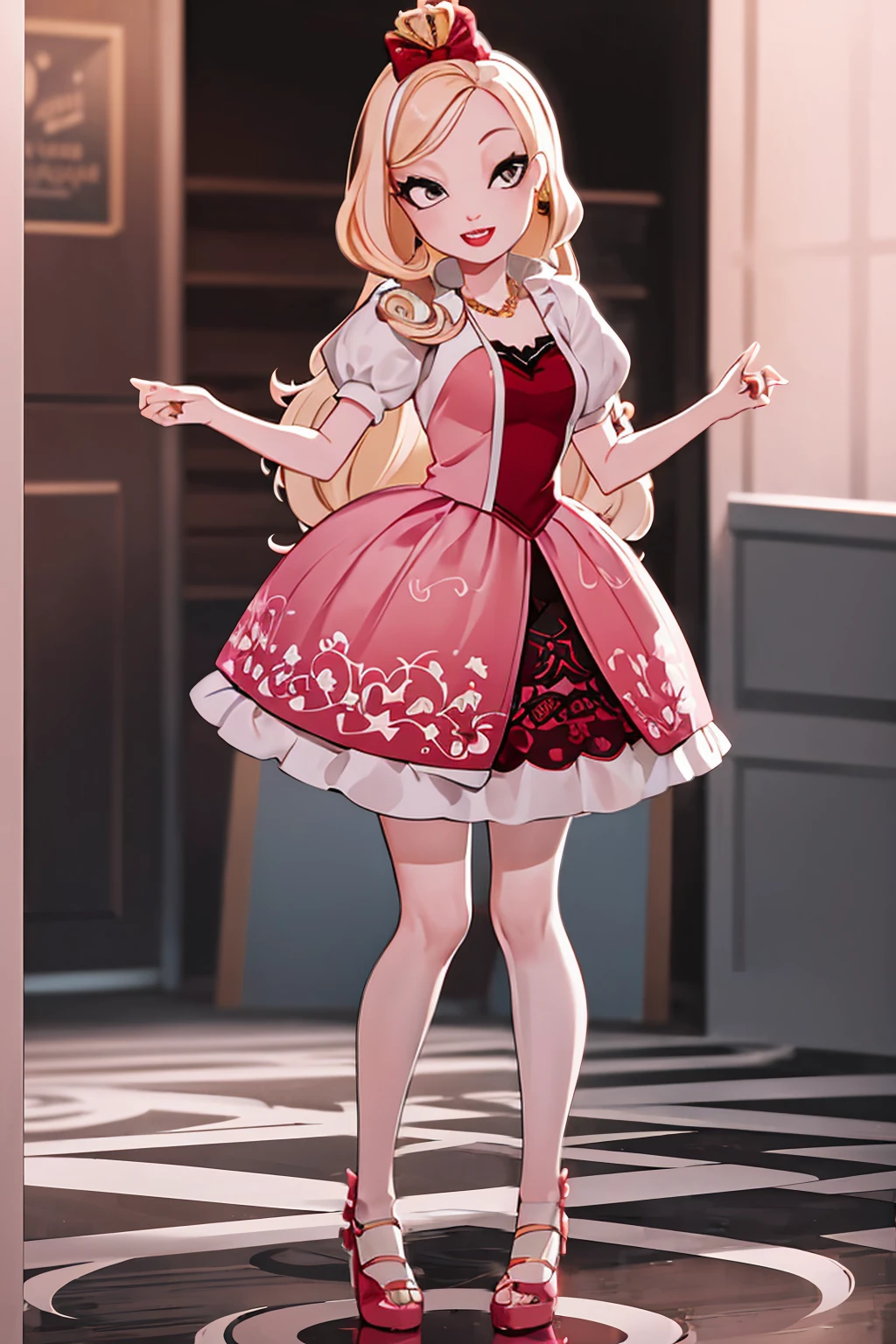 ((Full body photo, standing, feet on the floor))((masterpiece,best quality)), absurdres,
Apple_White_EAH,  pink skirt, 
solo, smiling, looking at viewer, cowboy shot, 
school background, cinematic composition, dynamic pose,