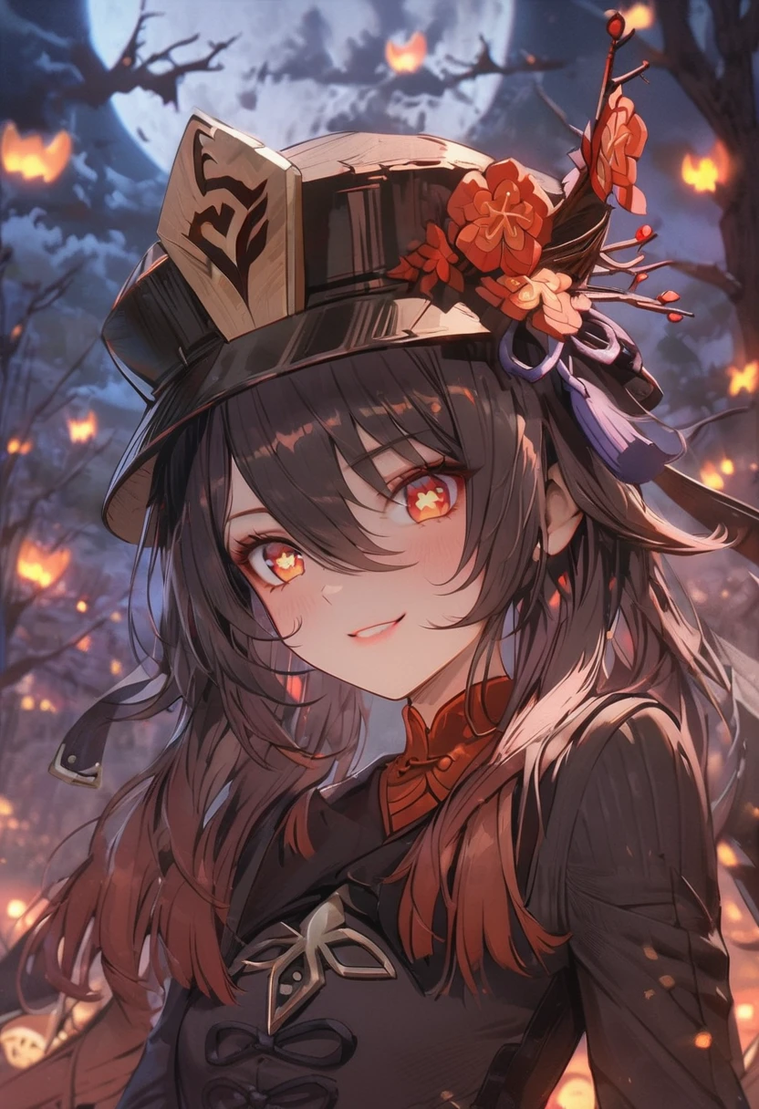 1girl, anime style, haunted pumpkin patch at night, full moon, spooky atmosphere, glowing jack-o-lanterns, twisted bare trees, eerie fog, bats flying in the sky, detailed facial features, beautiful detailed eyes, beautiful detailed lips, extremely detailed face and portrait, (best quality,4k,8k,highres,masterpiece:1.2),ultra-detailed, cinematic lighting,moody colors,dark fantasy,gothic, hutao, genshin impact (hu tao)