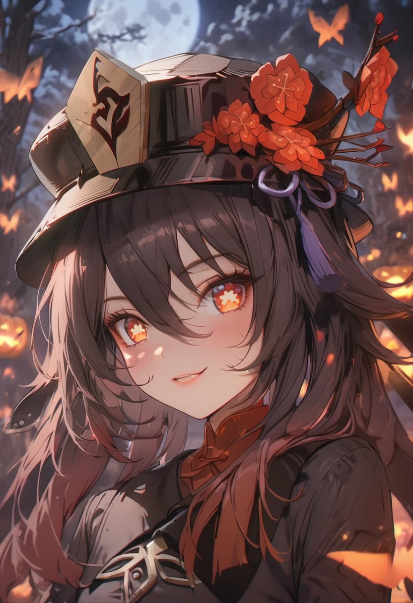 1girl, anime style, haunted pumpkin patch at night, full moon, spooky atmosphere, glowing jack-o-lanterns, twisted bare trees, eerie fog, bats flying in the sky, detailed facial features, beautiful detailed eyes, beautiful detailed lips, extremely detailed face and portrait, (best quality,4k,8k,highres,masterpiece:1.2),ultra-detailed, cinematic lighting,moody colors,dark fantasy,gothic, hutao, genshin impact (hu tao)