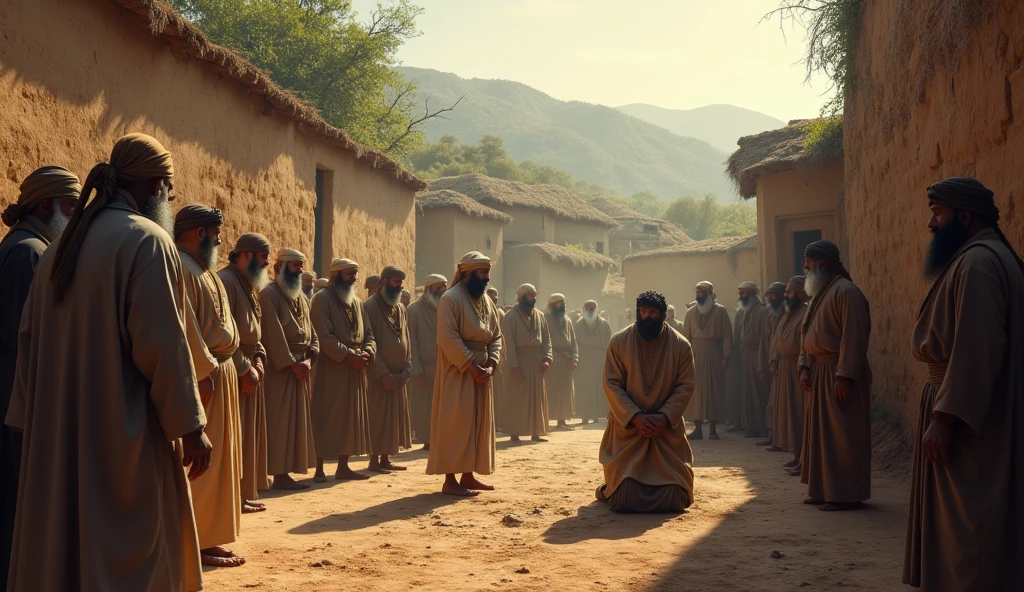 Aerial view of a brick wall dividing two groups of people praying. On the left side, evangelical women in long dresses standing, facing the wall. on the right side, strong, bearded Iranian men in just their underwear and an Islamic headdress on their heads kneeling, also facing the wall. The scene is solemn, with nearby groups, showing unity in their respective spaces. The surrounding area is desolate, highlighting the importance of prayer and separation by the wall.