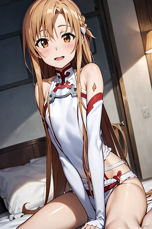 ((Best Quality)), ((masterpiece)), (be familiar with),  perfect face, indoor, bedroom,  watching viewers,
One woman, Yuuki Asuna,
Open Mouth, Ecstatic expression, blush, smile,
Small breasts,  flat chest, , , , Girl,
Long Hair,  long hair,
Leg spread,