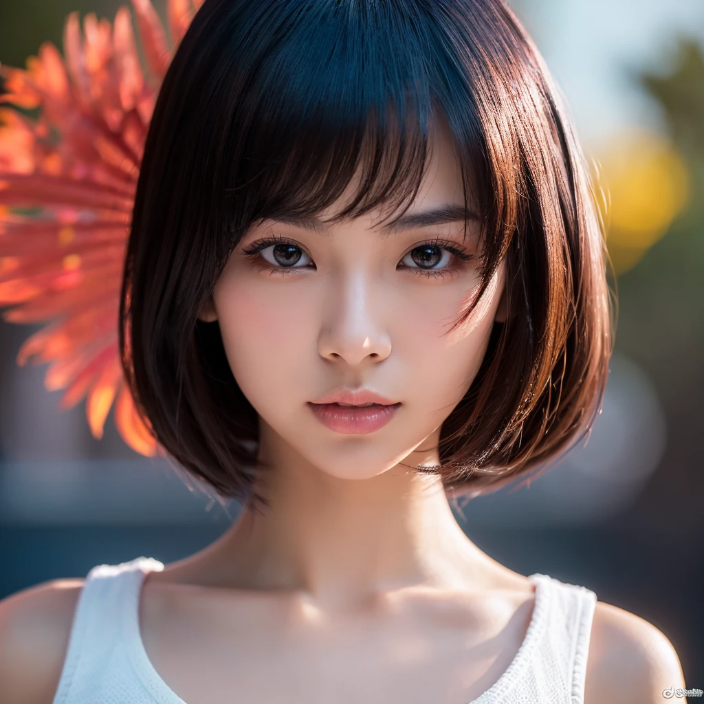 qincai, 1girl, (masterpiece),((ultra-detailed)), (highly detailed CG illustration),(expressionless), (best quality:1.2),realistic8K UHD,High definition,(1girl:1.2),High quality texture,intricate details,detailed texture,finely detailed,high detail,extremely detailed cg,High quality shadow,a realistic representation of the face,Detailed beautiful delicate face,Detailed beautiful delicate eyes, brown eye pupil, a face of perfect proportion,Depth of field,Cinematic Light,Lens Flare,Ray tracing,perspective,20s, Prominent Nose,slender face,tall girl, (big eyes:1.2),blush,glossy lips,perfect body,lean body,Particles of Light,(narrow waist:1.3),large breast, distinct_image, high_resolution, (lustrous skin), solo focus, (brown hair), (finely detailed beautiful eyes and detailed face),(detailed face), (hair streaked hair), light source contrast, short hair, ((smile)), (pureerosface_v1:0.5) , (ulzzang-6500-v1.1:0.5),
