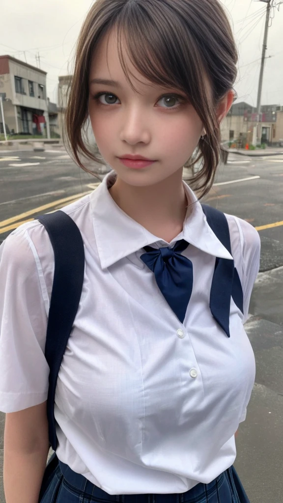 (masterpiece:1.4), (8K, realistic, RAW photo, highest quality: 1.4), Japanese, (1 girl), beautiful face, (realistic face:1.4), (very detailed髪:1.3), beautiful hairstyle, realistic eyes, beautiful and fine eyes, (realistic skin:1.3), beautiful skin, Charm, ultra high resolution, surreal, very detailed, golden ratio, (detailed face:1.4), (Realistic medium breasts:1.4), (school uniform:1.5),(heavy rain street1.3),soaking wet skin hair