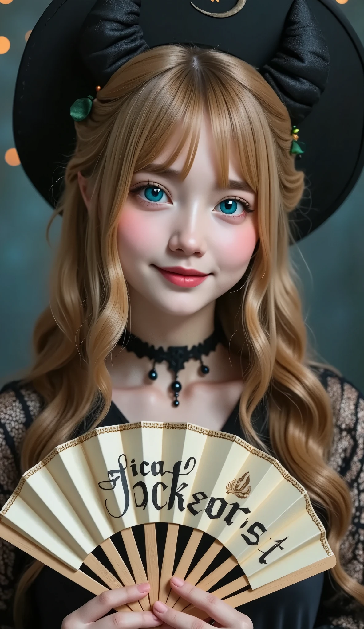 (  best quality、masterpiece、  High Resolution  )、(((Hyperrealism、Realistic photos、RAW Photos)))、One Girl, Succubus Girl, blue eyes, Succubus - Sun  , witch hat on head, Happy Face,  has a fan sign with letters written on it " trick or treat", text font style medieval,   twinkling star and moon background 