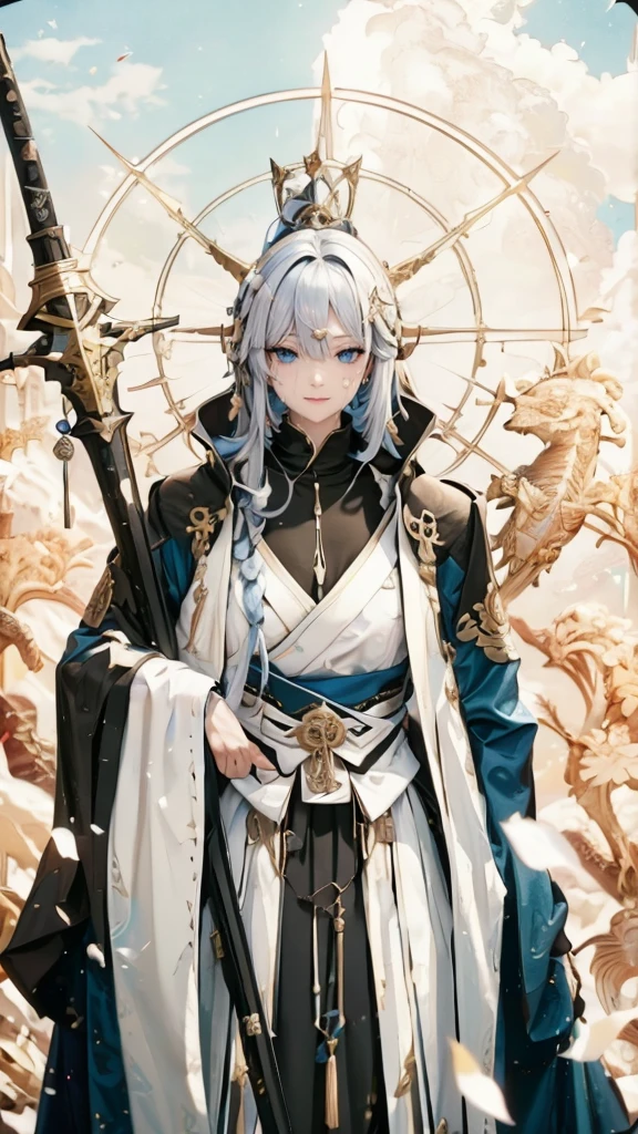 a beautiful woman with big breasts holding staff, anime style, long hair, blue eyes, dress, staff, holding, holding staff, bangs, jewelry, spot color, monochrome, hair intakes, black dressa man in whiterobe holding sword, in the style of light blue and white, hyper-detailed portraits, dark blue and white, neo-fantasy art, 8k, hood, sky, halo, male focus, cloud, blue sky, hood up, colored skin, robe, blue skin, day, outdoorssamuraikatana, in the style of hyper-detailed, dark gold and black, neo-fantasy, japanes swordmanship, weapon, sword, no humans, katana, sheath, still life, sheathedBreasts, Large breasts, 