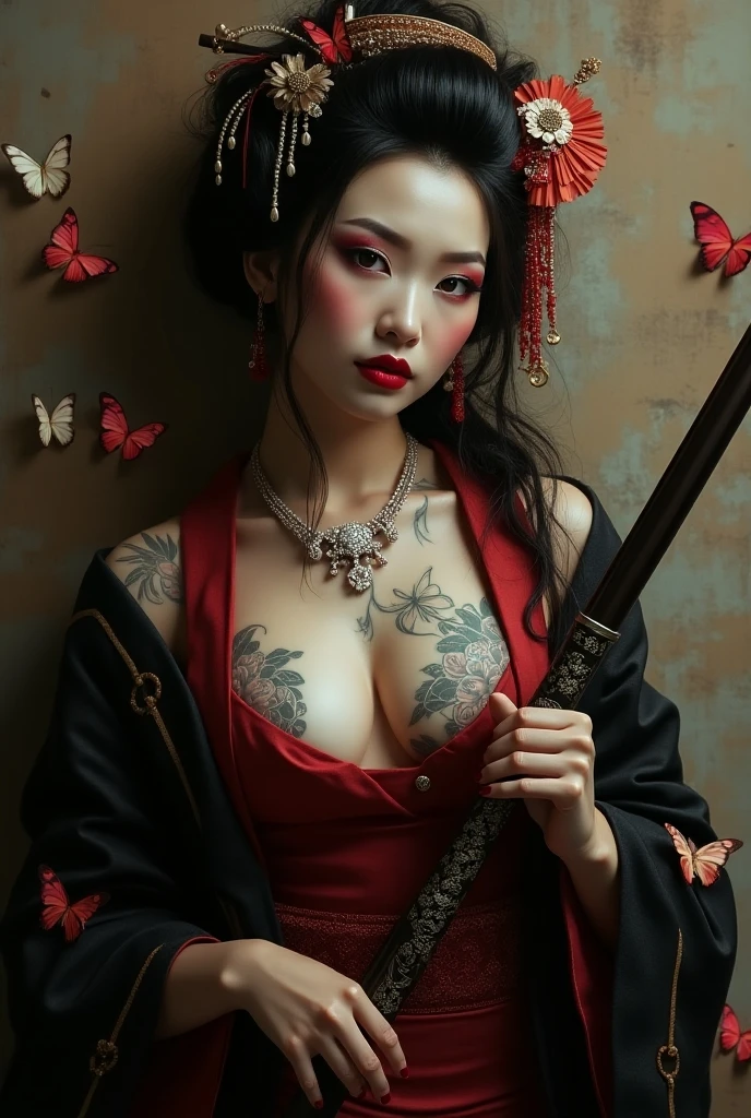 Zhang Ziyi, 28 ans en couleur TATOUAGE TRIBAL, vue entier, tout le corps, en sablier