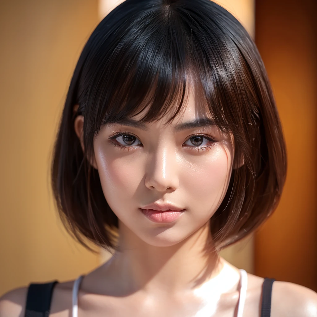 (Ultra High Resolution, Photorealistic, Realistic, Best Quality, Photorealistic), (((High Definition Skin,Visible Pore))),(Real People,Photos)((Mix 4))), (8K, Raw Photography, Best Quality, Masterpiece), (1 Japan Schoolgirl), Photon Mapping, Radiosity, Physically Based Rendering, Auto White Balance, ((face close-up, Unforgettable smile, moist lips, short black hair))), mastoid, watery eyes, eyelashes, pronounced double eyelids, (blush | cute and playful | adorable | thin | thick bangs | beauty | 21 years old | cute looks | under 18 years old), (breasts,))),(Viewer),(irises and pupils are rounded,pupils reflect the surroundings,eyes are the same size))), (Thin)))),Golden ratio face, golden ratio body, bangs, thick bangs, looking at the camera, bangs, really nothing background, best pure white background, wearing nothing, no clothes
