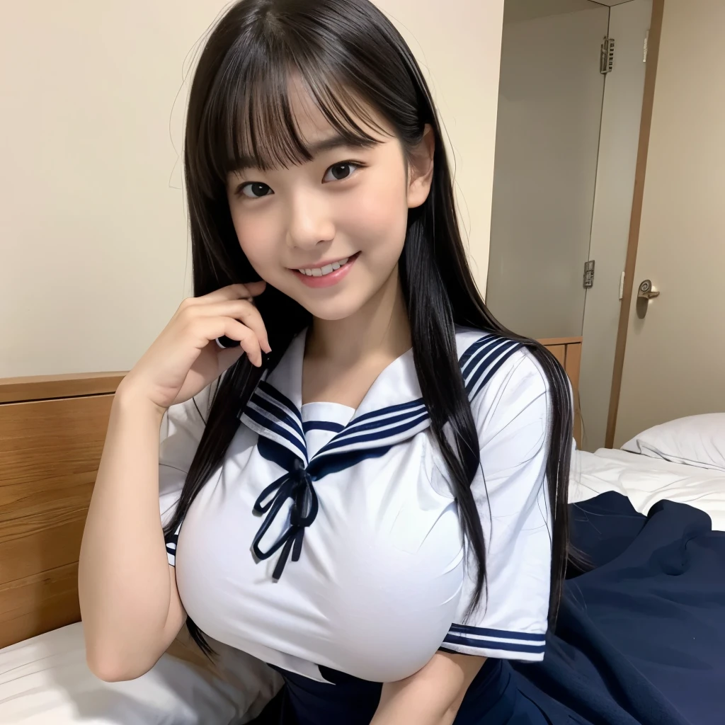 Masterpiece, best quality, 16K, photo realistic, 1girl, japenese school girl, pregnant, uniform, front view, big boob, cowboy shot, Baby Face, blunt bangs, long hair, Short stature, roundly face, (:1.5),