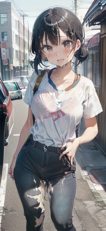 masterpiece, best quality,multiple 、 hair ornament, ponytail, hairclip, eyes, bandana, striped, short hair, shorts, long hair,looking at viewer, hug, shirt、Nipples、Sit down and spread your legs wide(())((Male organ))、((Red see-through bra and shorts))、Show your ass、Glasses、Very small breasts、skinny