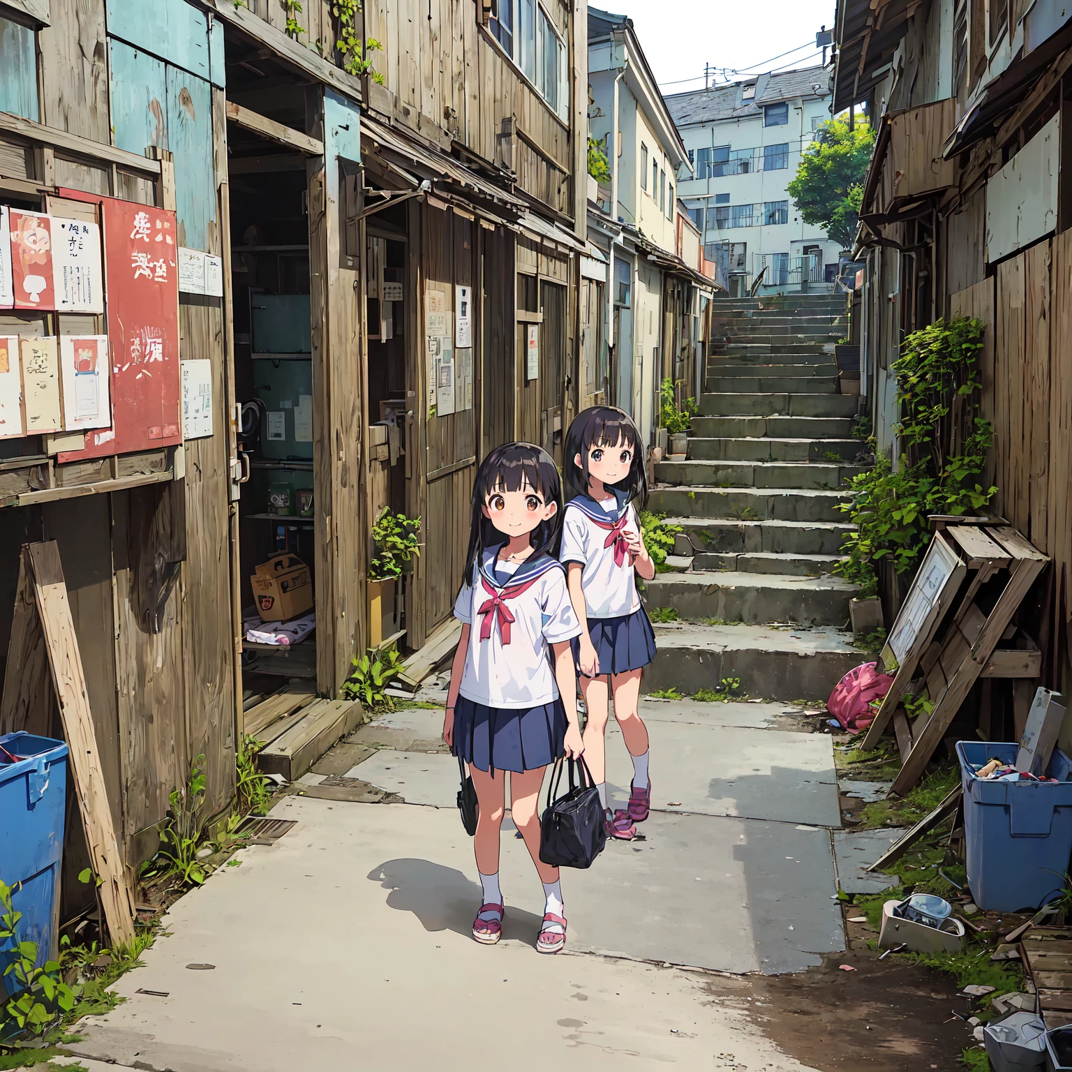 
(masterpiece、Detailed Anime)、((Three cute girls、Three elementary school girls、Summer clothes、にぎやかでfun))、( old and dirty stairs in the housing complex、Abandoned Port Town、General store、Battleship Island:1.2、Vending machines、garbage、Use waterways)、(Poor conditions)、(smile、fun)、smile、 Perfect Anatomy