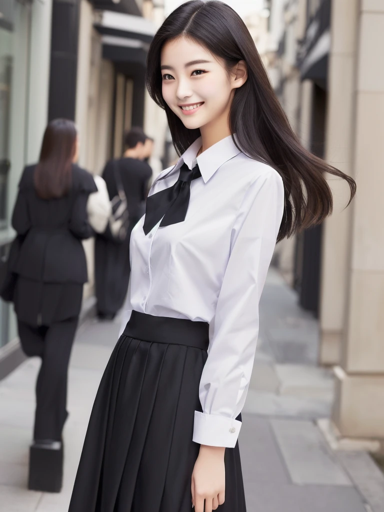 blouse,Pleated skirt,14 years old,middle School girls,Black Hair,bangs,Straight hair,アップponytail,Dark Eyes,Small face,Young Face,Clean your eyes,Small Mouth,Showing teeth,thin,Young Face,,Flat Chest,Flat Chest,Flat Chest,Flat Chest,In the city,Realistic photos,8K,smile,White teeth,Ultra HD,Standing posture,whole body,smile,Pure girl,ponytail