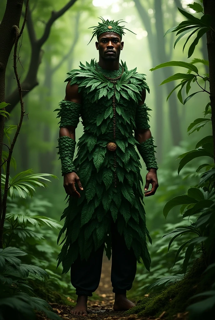 Orisha black man warrior short hair green clothes holding a leaf in his hand in the middle of the dense forest