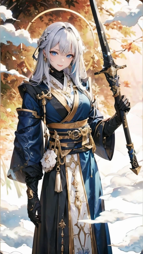 a beautiful woman with big breasts holding staff, anime style, long hair, blue eyes, dress, staff, holding, holding staff, bangs, jewelry, spot color, monochrome, hair intakes, black dressa man in whiterobe holding sword, in the style of light blue and white, hyper-detailed portraits, dark blue and white, neo-fantasy art, 8k, hood, sky, halo, male focus, cloud, blue sky, hood up, colored skin, robe, blue skin, day, outdoorssamuraikatana, in the style of hyper-detailed, dark gold and black, neo-fantasy, japanes swordmanship, weapon, sword, no humans, katana, sheath, still life, sheathedBreasts, Large breasts, 