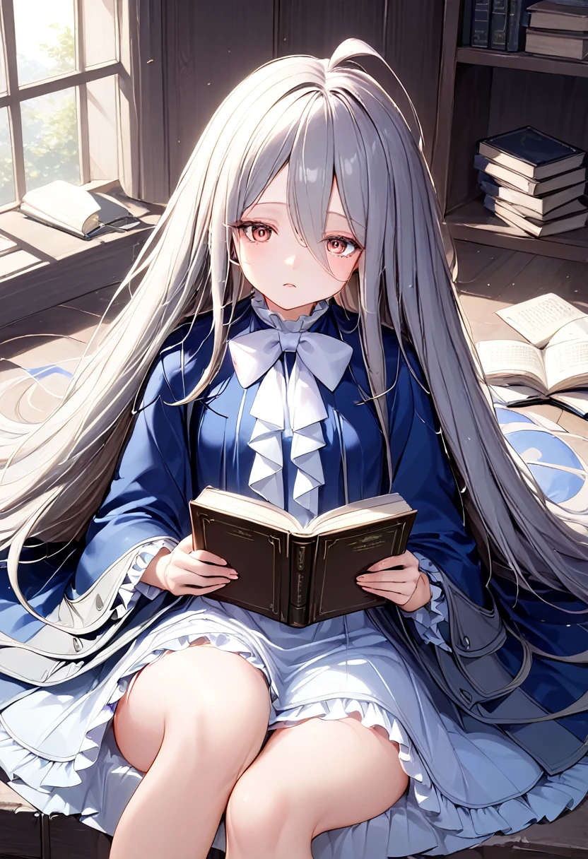 High image quality 、masterpiece、high quality、  High Resolution  、Sitting down、Grey Hair、long hair that is taller 、Small breasts、delicate、Golden droopy eyes、 tie up long bangs at the ends、 dress with large white bows 、I can't see my legs in a dress、 blue cape coat with gray ruffles、Holding a book with both hands、Ahoge、archive、 books are messy