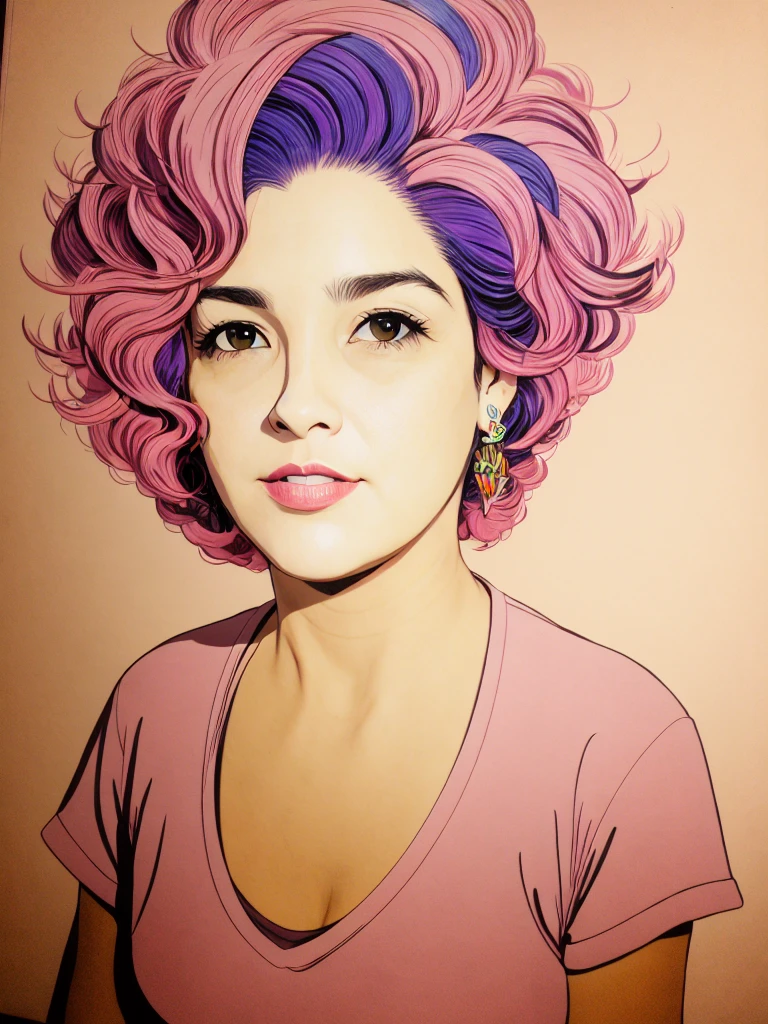 woman, line art,  loose colored and exotic hair , intrincado detalhado, cartoon,  comic book ink pen, therefore,  vector for t-shirt ,  detailed image, Delicate, beautiful,  hyperrealistic high resolution , arte splash,  conceptual art , medium plan, intricately detailed, color depth, dramatic, 2/3 face angles , side light, colorful background