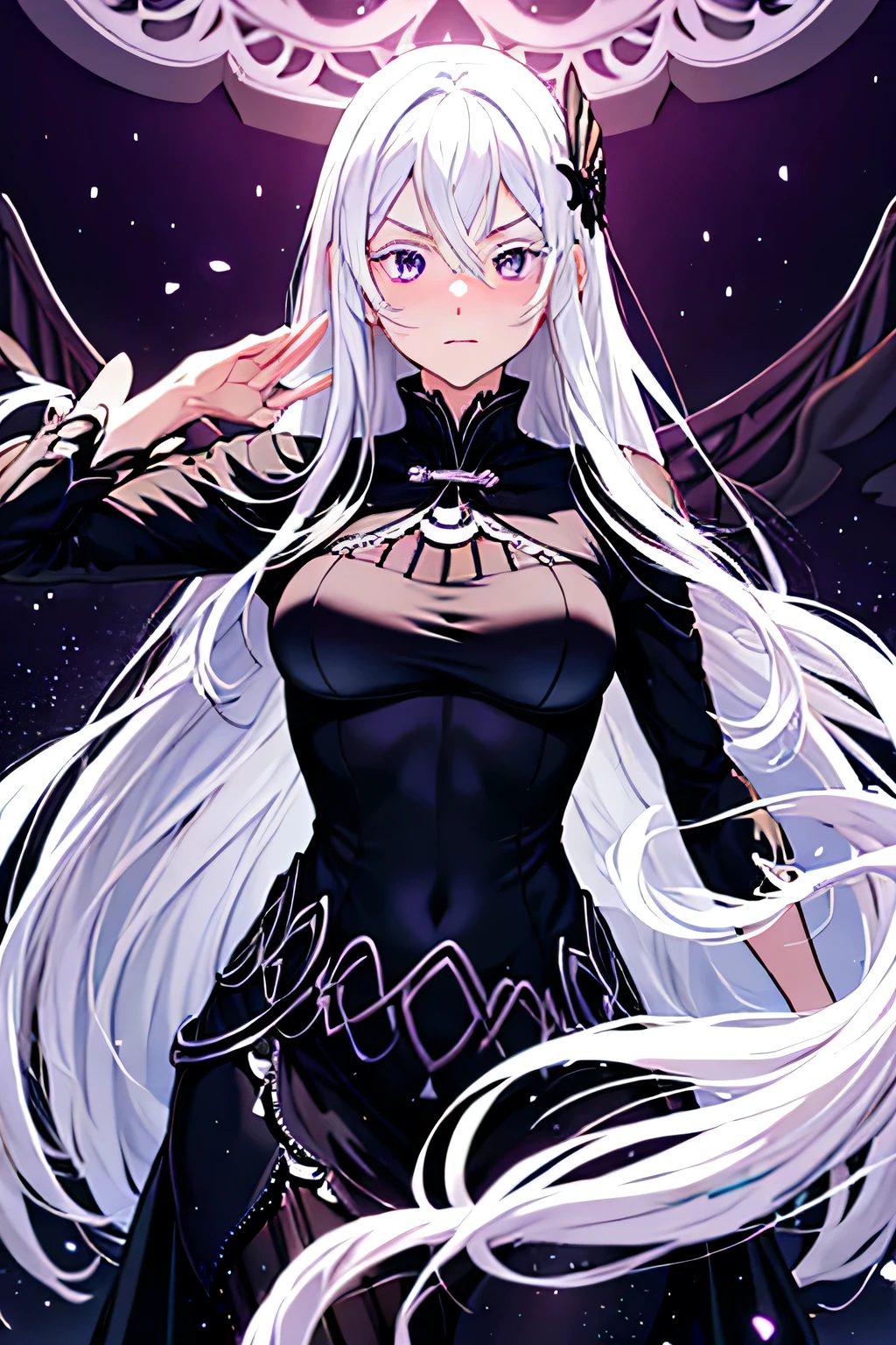 (best quality,4k,highres),((slender and tall)),(focus on face), 1 dragon woman, mature, menacing crazy glowing purple eyes with a black rim, eyes with black sclera, crazed murderous smile, open mouth smile, fangs, very long wavy white hair, ((blood on her face)),slender dragon hands and feet, 6 horns with 3 on each side, 2 wings, 1 tail, black dragon scales, long ornate gothic black dress, small-medium chest,adult