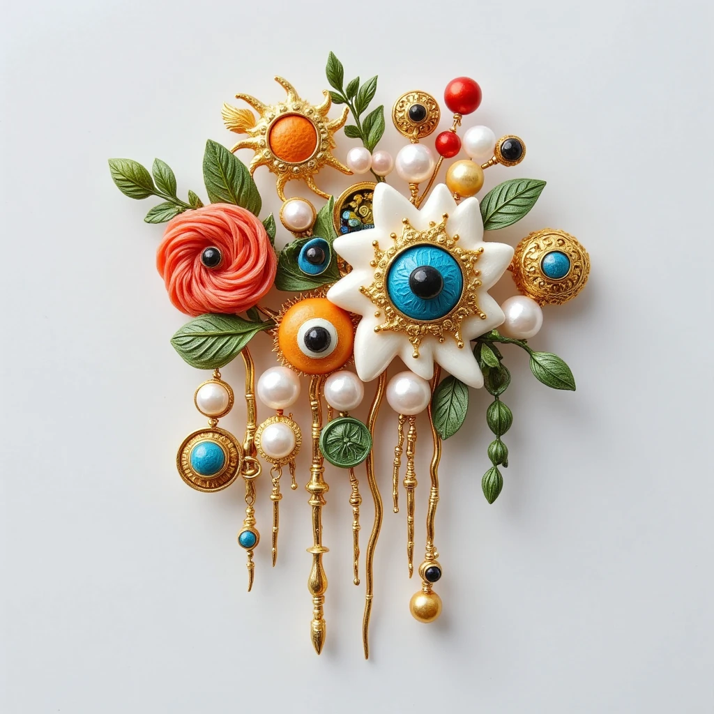 Product Design：Exquisite exaggerated brooches，baroque pearls and ****pop candy，sun，moon，beeswax，amber，turquoise，coral，Felt，Retro， white background