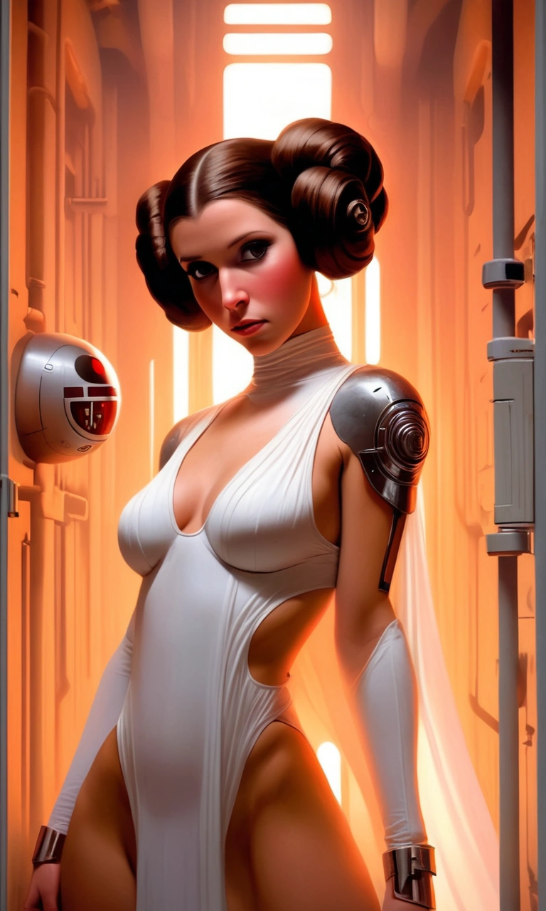 (extreme complexity, 2 unique subjects) (Subject 1: seductress Princess Leia (cute woman, sheer white gown, no underwear))), seducing her (subject 2: imperia Navy guard (butch lesbian, imperial navy uniform, imperial underwear, no make up, athletic, great ass)), prison cell on death star, lesbian heat, lesbian seduction, Sapphic adventure, clothes falling to floor, caged heat
