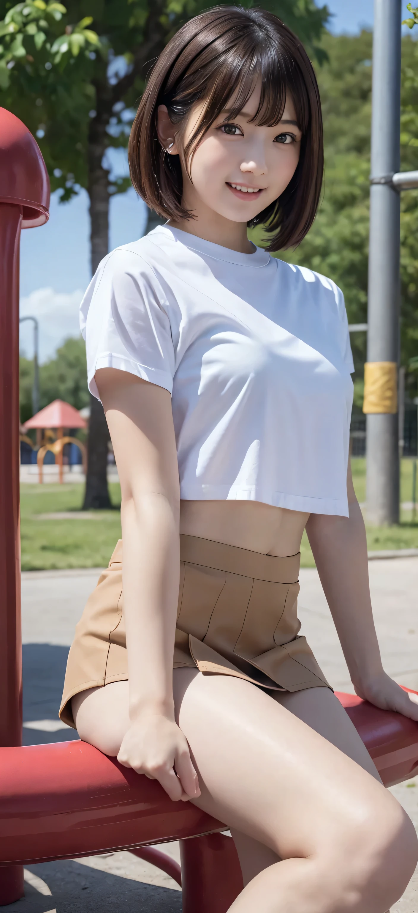 Battlefield Background,A woman wearing a white short-sleeved navel-baring dress,Brown Mini Pleated Skirt,Carrying a backpack,Wear knee pads,Close-up shot of short-haired girl in women's military boots holding a dagger,Full body close-up