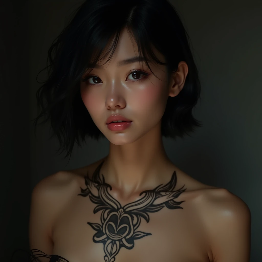 Huang Tingting realistic,fullbody, short black hair, delicate and messy, the scene, delicate skin, detailed body, muscular, thick thigh, wide hips, muscular arms, have many, long tribal tattoo of lines on the ass,bulging veins on the body, veins, muscular veins, abs, thighs thick, blue eyes, natural skin texture, reveals slim abs, skin shines, skin shines, wet skin, soaked, skin shines, oily skin, in the Mediterranean, height contrast, realistic skin, skin pores , intricate details, with black background, high contrast, realistic skin, skin pores, intricate details, RAW photos, bright lips, luscious lips, pretty nose, realistic rendering, immersive atmosphere, light and shadow contrast, light moody, , realistic skin, skin pores, nude naked