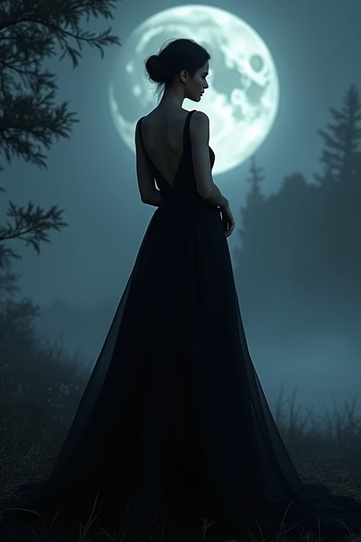 silhouette of a woman, from the side, in a dark forest, wearing a loose sheer dress revealing her fit body, bright moonlight, god rays, dreamscape, deep shadows, high contrast, HDR, 32k, extremely intricate details.