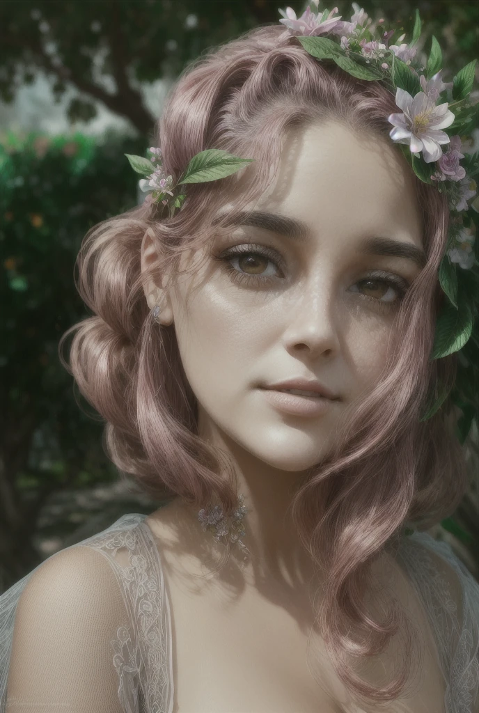 1 girl, beautiful detailed eyes, beautiful detailed lips, extremely detailed face and features, long eyelashes, intricate ornate fantasy floral crown, whimsical fairytale dress, delicate porcelain skin, serene expression, surrounded by lush verdant garden, blooming flowers, magical glowing butterflies, dramatic cinematic lighting, dreamlike fantasy atmosphere, vibrant colors, photorealistic, 8k, best quality, masterpiece