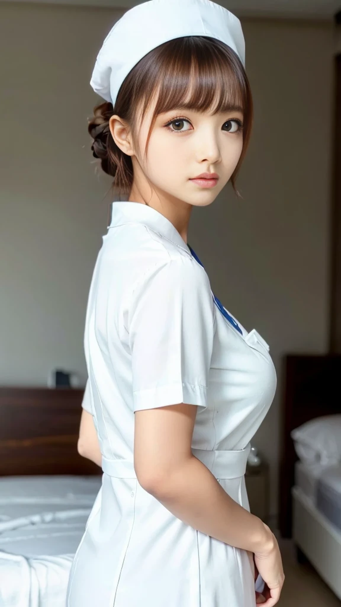 (highest quality、masterpiece:1.2)、super detailed、(photo-realistic:1.4)、Japanese、cute、25 years old、Looking out of the camera、random hairstyle、random facial expressions、Light blue lab coat、downblouse, light_particle、bright hospital、stand、(leaning forward)、You can see a little cleavage