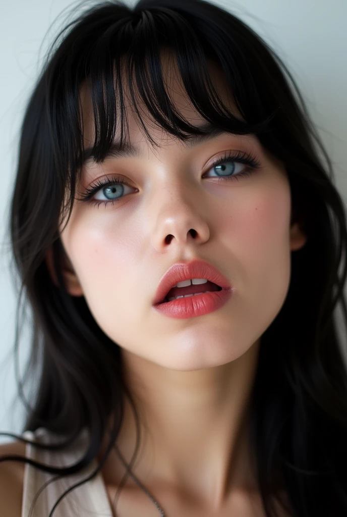 ((Extremely realistic)), ( super real), generate a highly realistic image, white backdrop,,**-****-*** female,high school student、black long hair, I'm hiding my forehead with bangs,blue eyes,Long False Eyelashes,Thick lips,Clear eyeliner、 Open the center of your lips、extremely detailed lips, large mouth, full, plump,  lip balm to make your lips shiny and shiny、淡いpink lips, transparent lip gloss,cute bra tank top,Clear lip balm dripping and smudging corners of the mouth