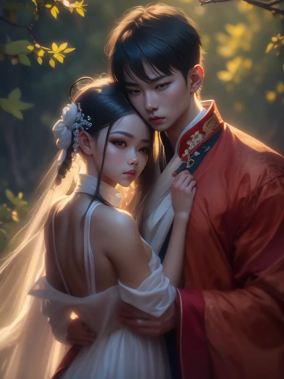 (Best Quality, Super Detail, Masterpiece, Representative Work, Official Art, Professional, Super Fine Detail, 8k:1.3), (photorealism:1.2), (Couple, Beautiful Girl and Boy), A couple in the sea of flowers, Handsome guy hugs beautiful girl from behind, Smiling and Wearing White Clothes, Delicate Hair, Chinese Beauty and Handsome Man, Wearing Ancient Chinese Clothes, Flowing Tulle, Light Silk, Create a movie poster similar to those used in Chinese romantic fantasy dramas, Correct proportions, Perfect face, perfect hands, Sweet atmosphere, Photorealistic, Sharp Focus, Dreamy Atmosphere, Delicate Details, Soft Volumetric Light, (Backlight:1.3), (Cinematic:1.2), Intricate Details, (ArtStation:1.3)