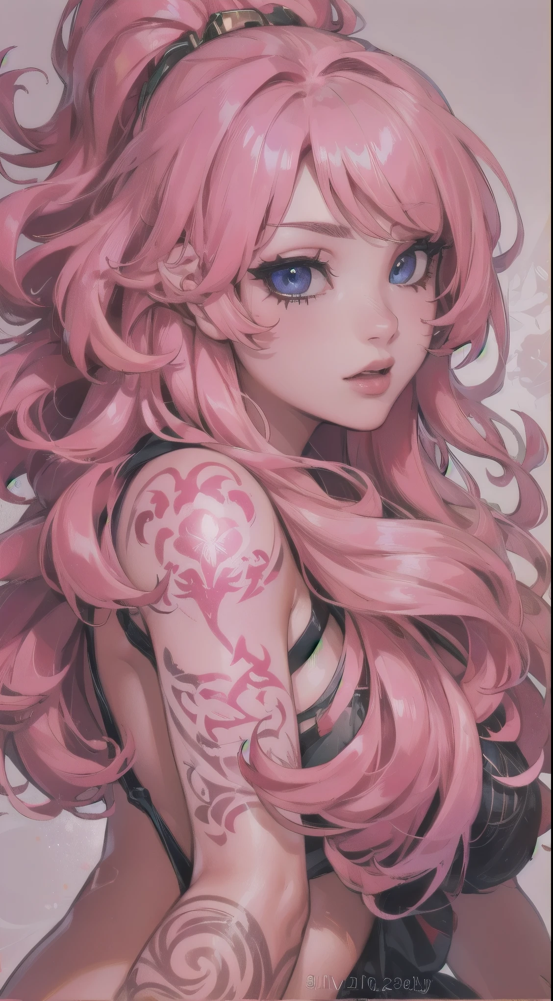 score_9, score_8_up, score_7_up, score_6_up, score_5_up, score_4_up, BREAK ,cowboy shot,source_anime,anime screencap,
1girl, solo, long hair, looking at viewer, simple background, hair ornament, bare shoulders, upper body, pink hair, flower, nude, parted lips, hair flower, pink eyes, lips, eyelashes, blue background,back view