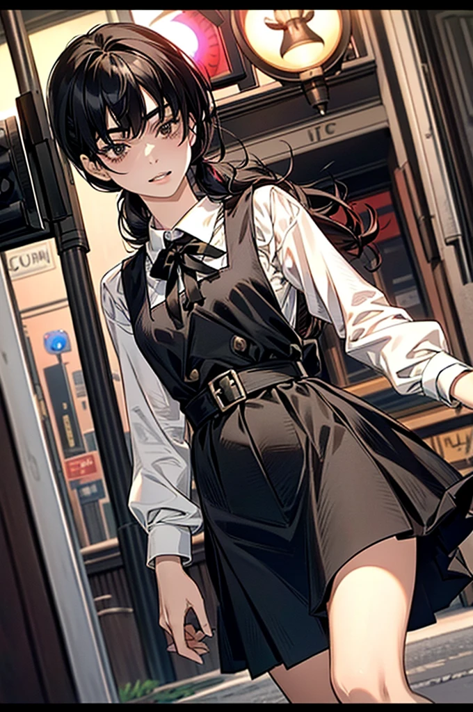 8k, raw camera, highres, detailed, masterpiece, portrait, photorealistic, hyperrealist, aesthetic, beautiful, best quality, highly detail, best quality clothing, aesthetic clothing, professional angle, rule of thirds, Feminine, delicate, beautiful, (((at midnight, midnight intersection, traffic light, red light))), 19 years, attractive Japanese, solo, 1 girl, (Asa Mitaka), (Full body), ((From Front) Shallow Depth of Field), -, ((Calm)), (Medium  Hair, Black Hair), (Loose Hair, Bangs, Semi Wavy Hair), ((Twin Tails Back)), (Dark Brown Eyes, Open Eyes, Concentrated Gaze), (Standing, Mouth Closed, looking side), -, -, (Medium Bust), ((Black Pinafore and White Shirt underneath, Long Sleeves)), (Black Ribbon, Black  Belt, -), (-), beautiful body, beautiful eyes, shiny eyes, shiny hair, beautiful mouth, beautiful lips, beautiful skin, beautiful teeth, perfect teeth, beautiful face