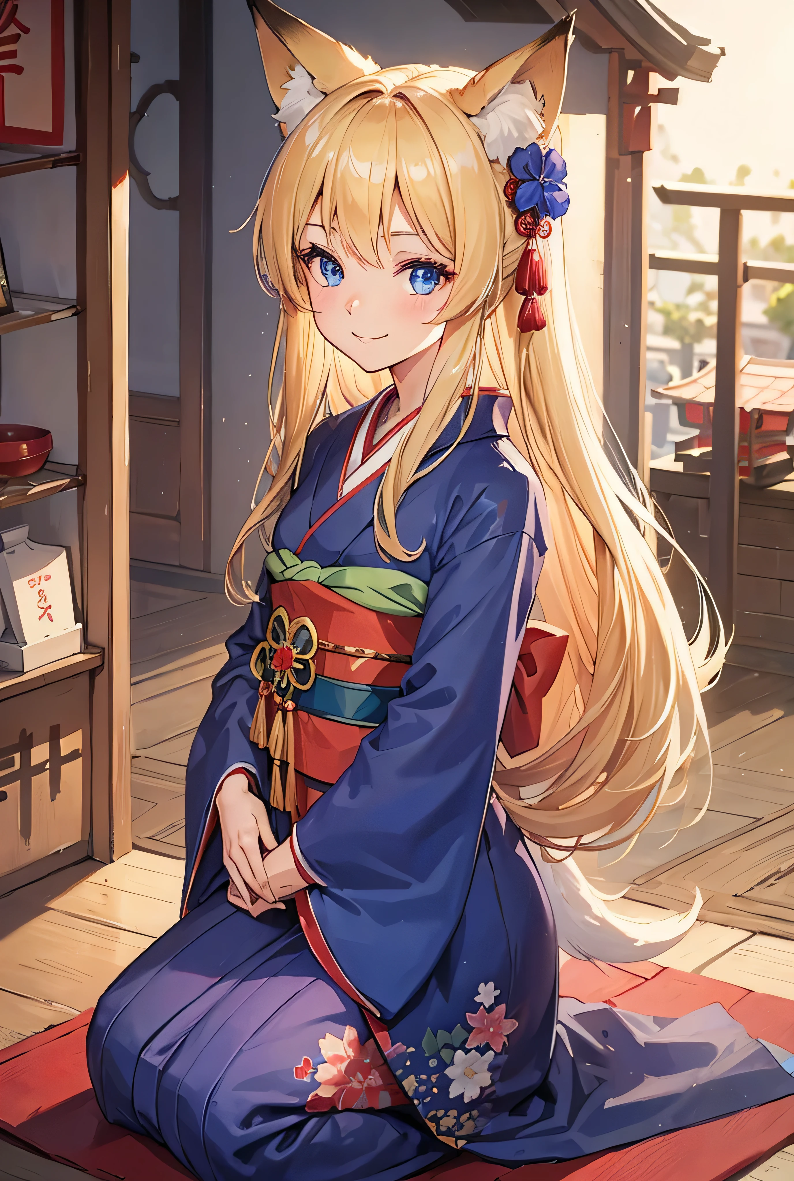One Girl, Long Hair, Big smile, blonde, blue eyes, Gorgeous kimono, shrine, High Resolution Model, Fox ears, Looking down,