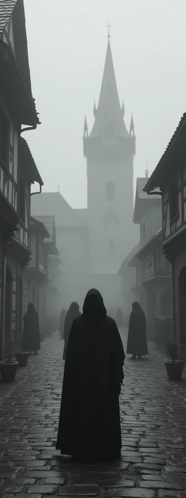 ((masterpiece, highest quality, Highest image quality, High resolution, photorealistic, Raw photo, 8K)), ((Extremely detailed CG unified 8k wallpaper)), Gothic horror movie poster, black and white photo, an medieval town square, hooded people, long shot, misty landscape, sad atmosphere,
